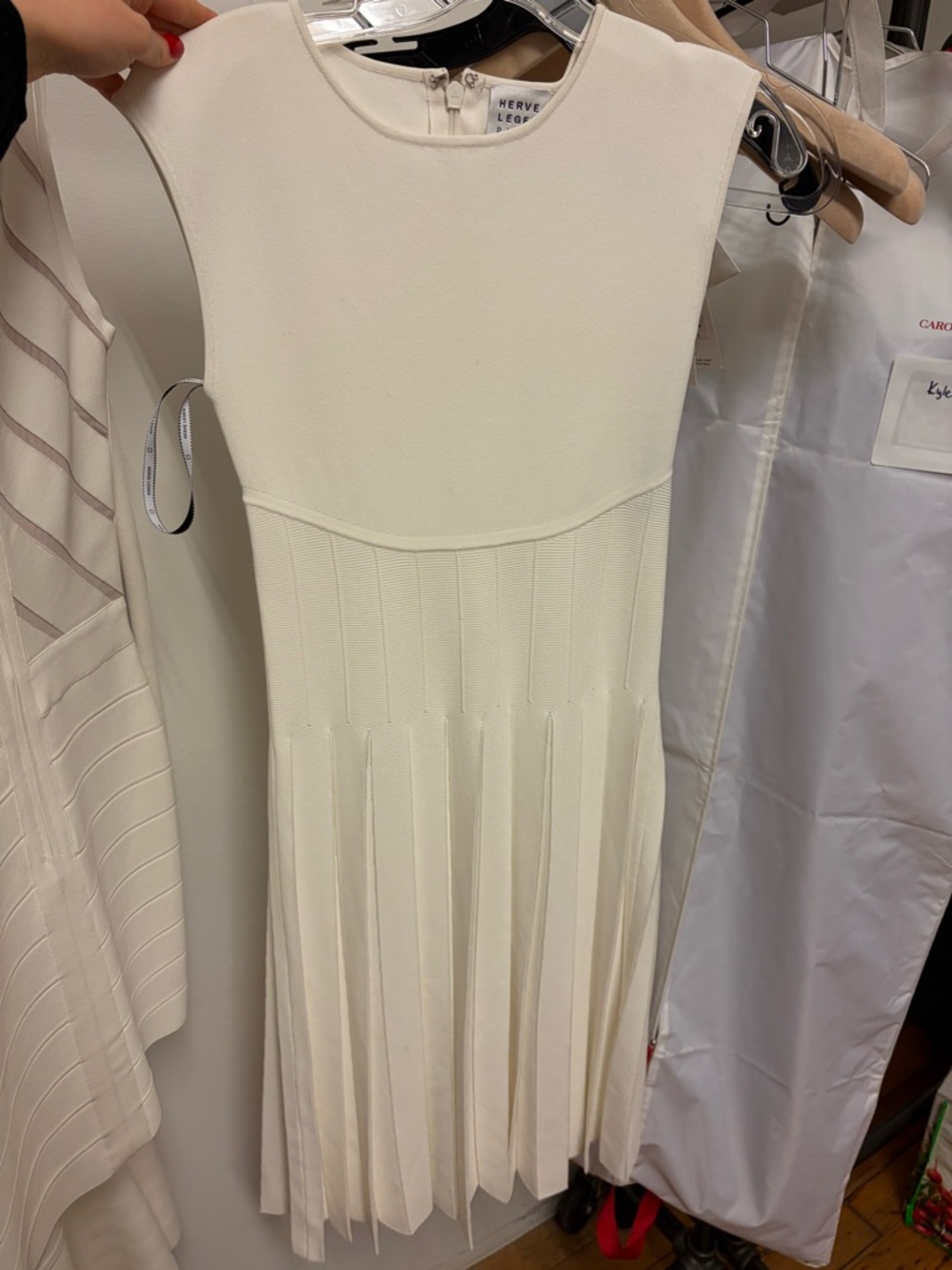 Herve Leger Cream Pleated Midi Dress